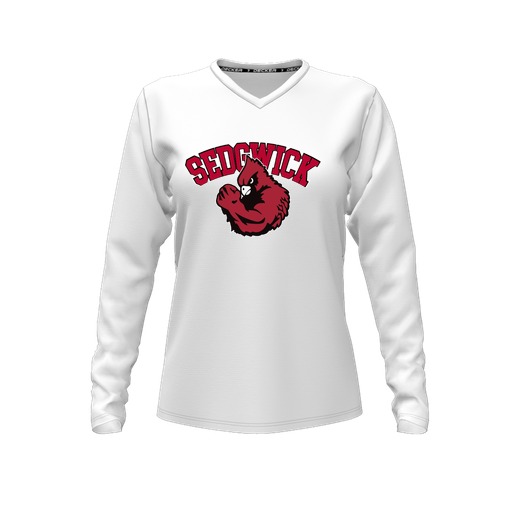 [FTLVPTWH-FYXS-LOGO2] Decker Performance T-Shirt (Female Youth XS, White, V Neck, Logo 2, Long Sleeve)